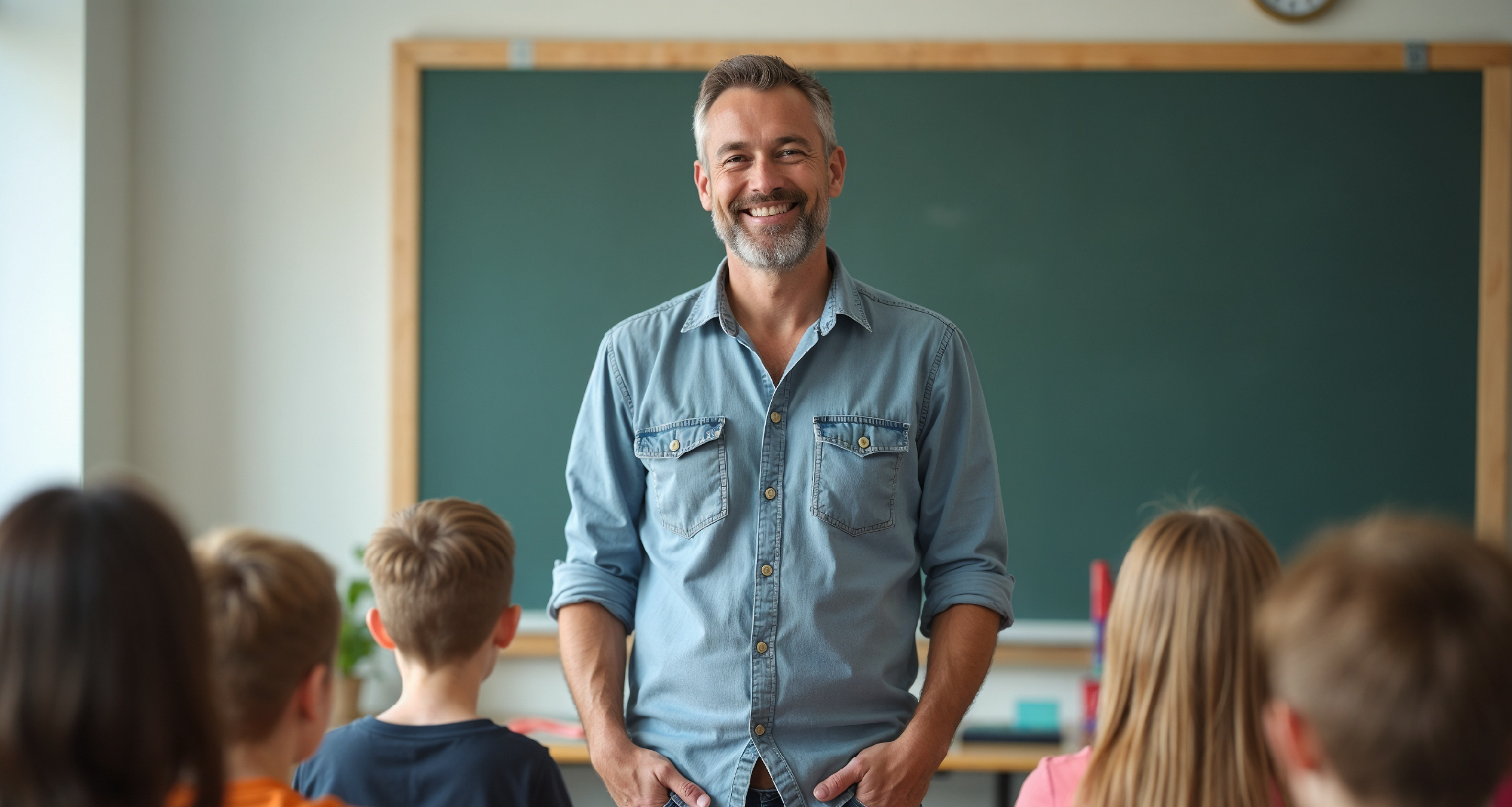 A male teacher smiles in a classroom of students.